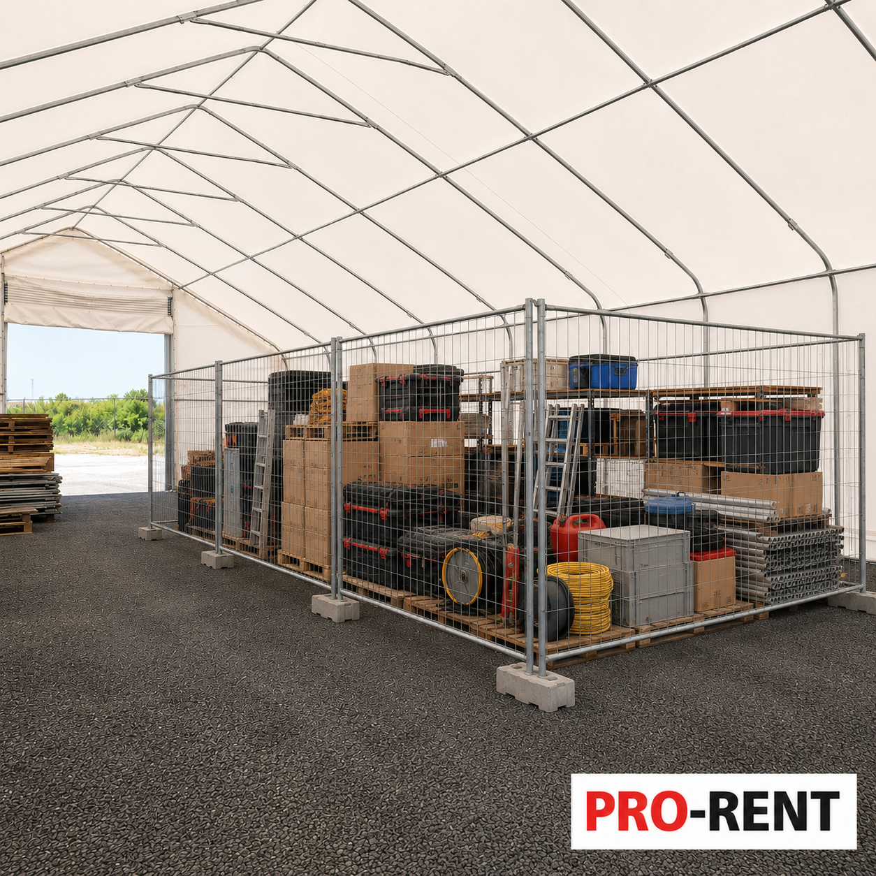 Najam skladišnog prostora u šatoru 30 m2 – ograđeni skladišni prostor za robu, alat i materijal u PRO-RENT skladišnom šatoru.