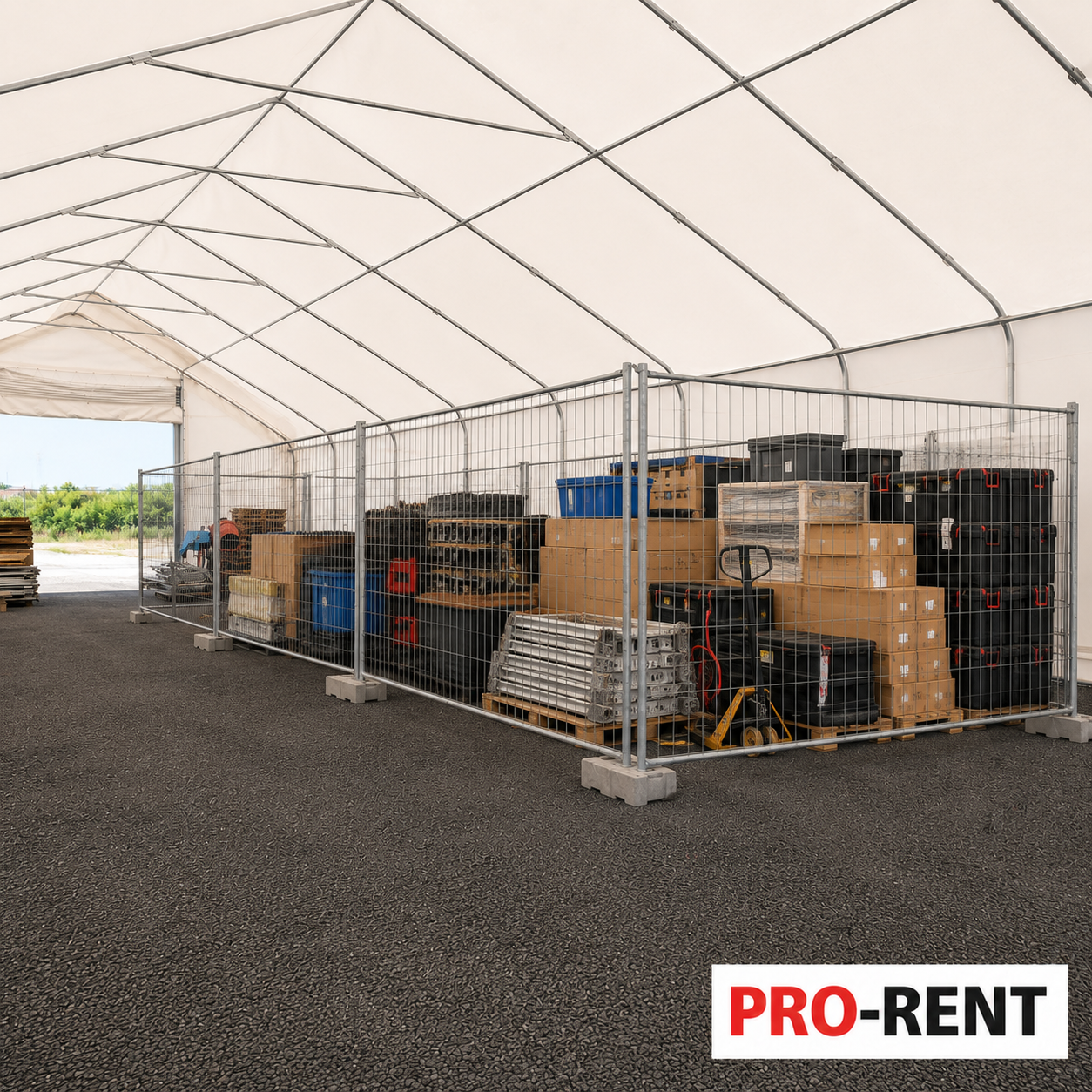 Najam skladišnog prostora u šatoru 50 m2 – veliki ograđeni prostor za robu, materijal, alat i opremu u PRO-RENT skladišnom šatoru.