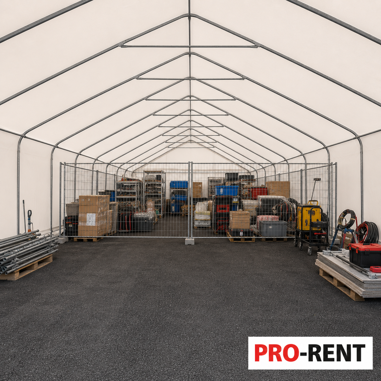 Najam skladišnog prostora u šatoru 100 m2 – ograđeni skladišni prostor unutar bijelog skladišnog šatora, pogled s ulaza, PRO-RENT Zagreb