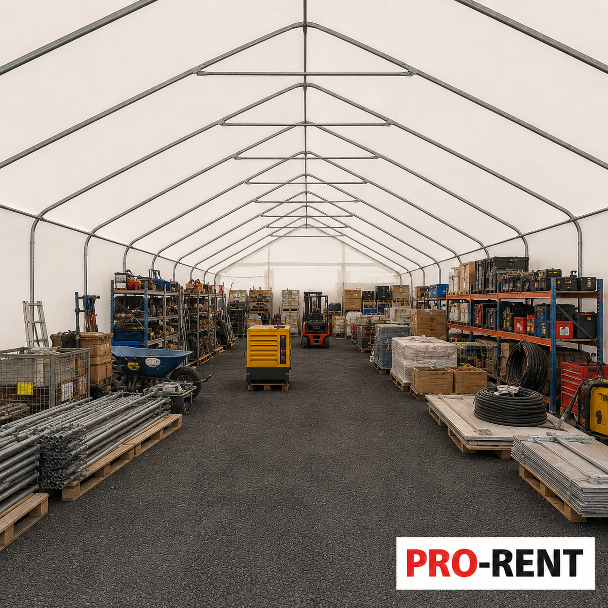 Najam cijelog skladišnog šatora od 180 m2 PRO-RENT – uredno organiziran prostor za robu, alat, materijal, strojeve i opremu u Velikoj Kosnici