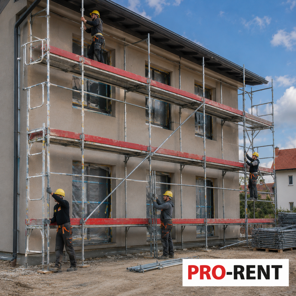 Najam fasadne građevinske skele s montažom – radnici montiraju skelu uz stambeni objekt, PRO-RENT Zagreb