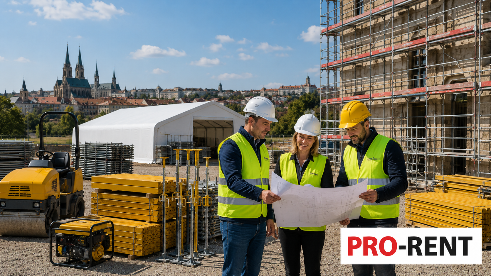 PRO-RENT tim na gradilištu uz građevinsku opremu, skele i skladišni šator u Zagrebu